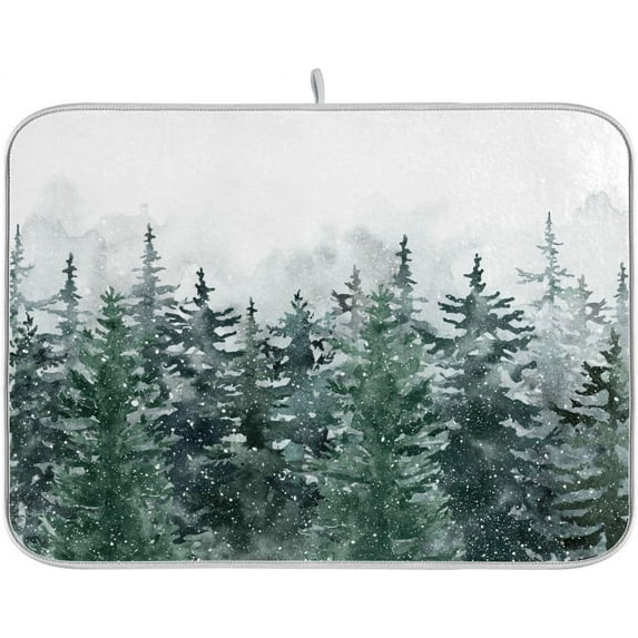 Winter Forest Scenery Dish Drying Mat for Kitchen Christmas Tree Snow Xmas Microfiber Drying Mats Absorbent Reversible Dish Pad Medium Dish Draining Mat 16x18 inch
