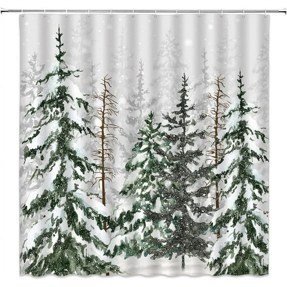 Winter Forest Shower Curtain Christmas Pine Tree Snowy Day Snowflake Watercolor Snow Scene Xmas Holiday Happy New Year Home Bathroom Decor Fabric Curtain Set with Hooks(70" WX70 H)