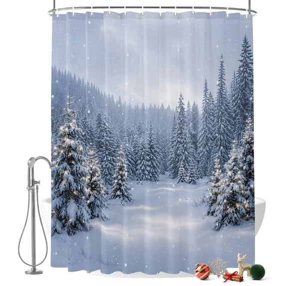 Winter Forest Shower Curtain, Country Snow-covered Evergreen Trees Waterproof Washable Fabric Bathroom Shower Curtain with 12 Hooks, 36" x 78"