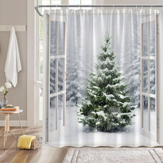 Winter Forest Shower Curtain Merry Christmas Green Pine Tree Forest Snowflake Snowy Day Nature Winter Holiday Seasonal Scenery Bathroom Decor Fabric Curtain with Hooks