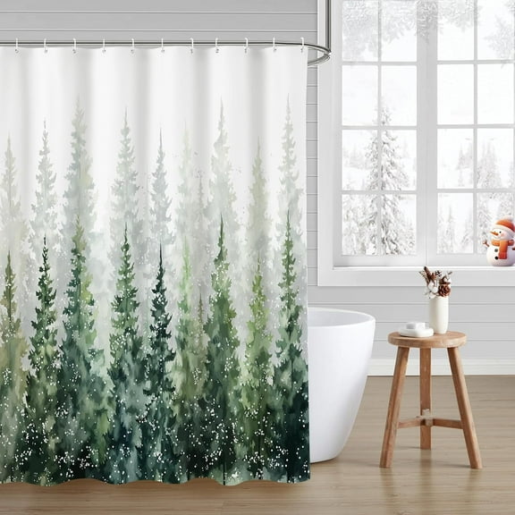 Winter Forest Shower Curtain Pine Spruce Trees Mist Fir Farmhouse Christmas Snowy Nature Landscape Rustic Outdoor Fabric Bath Curtains Bathroom Waterproof with 12 Plastic Hooks 72x72Inch