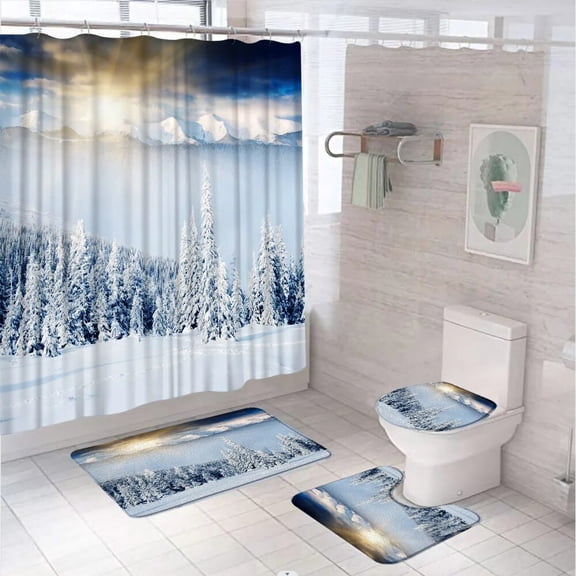Winter Forest Shower Curtain Set Cedar Tree Sunset Forest Cloud Country Nature Landscape Bath Mat Bathroom Rug Toilet Seat Cover