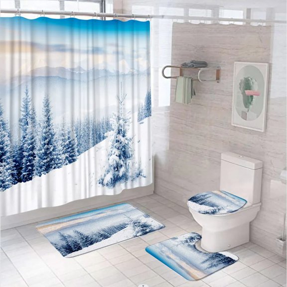 Winter Forest Shower Curtain Set Cedar Tree Sunset Forest Cloud Country Nature Landscape Bath Mat Bathroom Rug Toilet Seat Cover