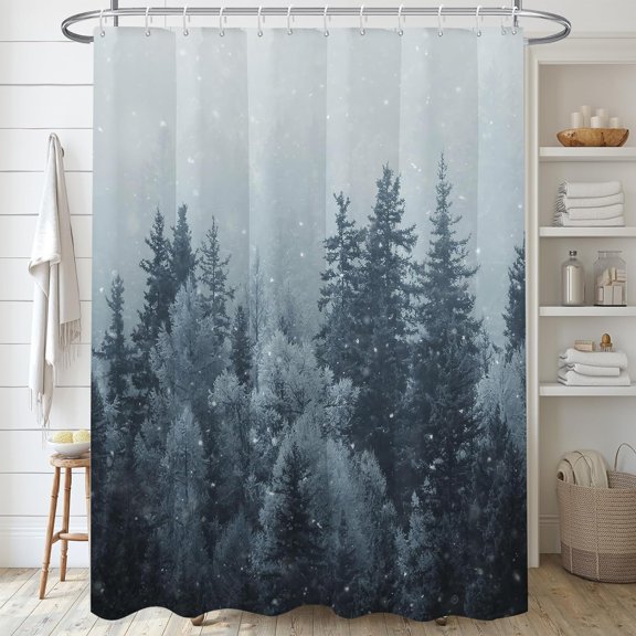Winter Forest Shower Curtain Sets,Mountain Forest Bathroom Curtains,Snow Bath Curtain, Minimalist Waterproof Fabric with 12 Hooks 72x72 Inches