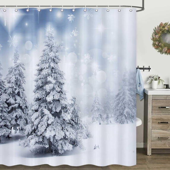 Winter Forest Shower Curtain for Bathroom, Xmas Tree Snowflake Christmas Holiday Bathroom Shower Curtains Set with 12 Hooks, 72x72 Inches