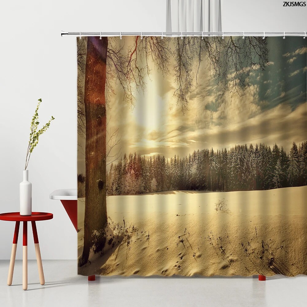 Winter Forest Shower Curtains with Hooks Snow Scenery Sunrise Sunset
