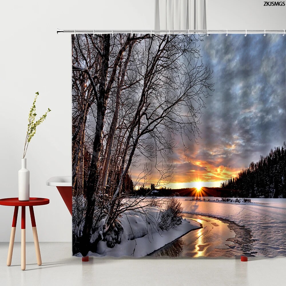 Winter Forest Shower Curtains with Hooks Snow Scenery Sunrise Sunset