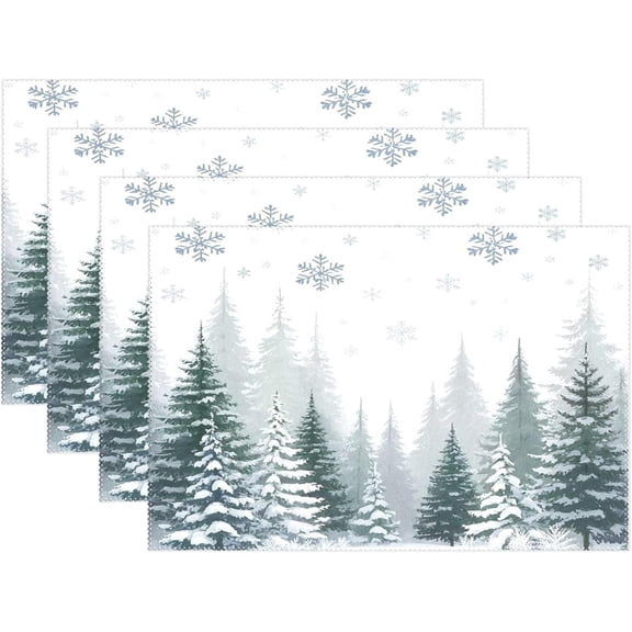 Winter Forest Snow Scene Placemats Set of 4 Christmas Tree Snowflake Xmas Table mats Burlap Placemat Kitchen Mat Dining Room Decoration 12" x 18" Washable Fast Dry