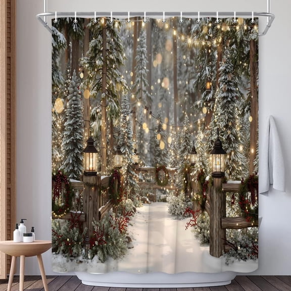 Winter Forest Snow Shower Curtain Christmas Snowy Pine Foggy Forest Bathroom Curtains Snowflake Bath Decor Polyester Fabric Curtains with Hooks