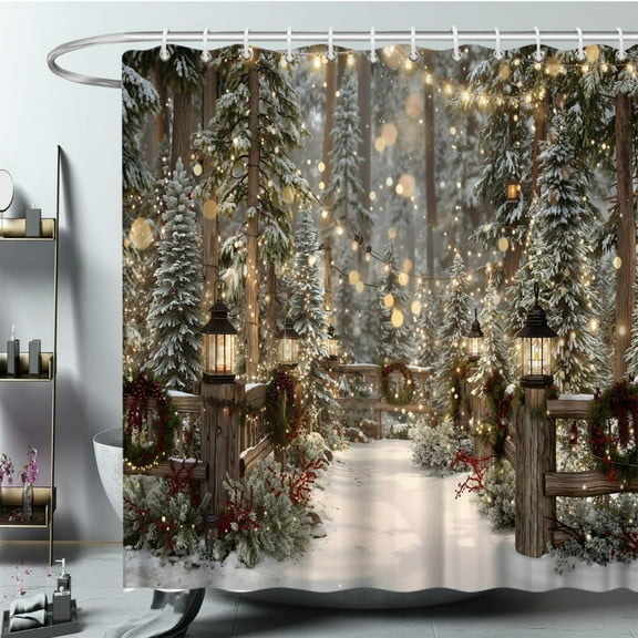 Winter Forest Snow Shower Curtain Christmas Snowy Pine Foggy Forest Bathroom Curtains Snowflake Bath Decor Polyester Fabric Curtains with Hooks