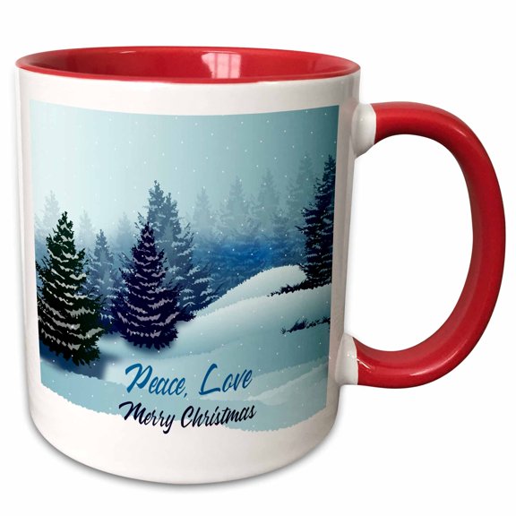 3drose, Winter Forest, Snowfall on Blue. Peace, Love, Merry Christmas Text, 15oz Two-tone Red Mug