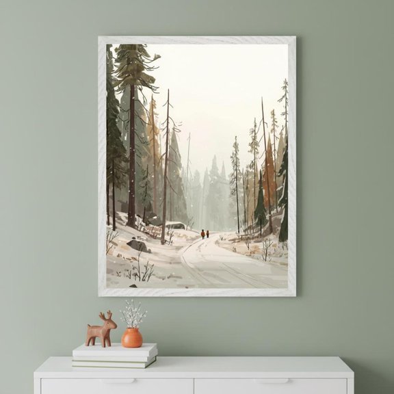 Winter Forest Snowy Landscape Illustration Wall Art Pine Tree Nature Print Minimalist Wood