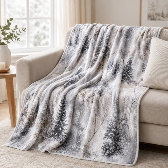 Winter Forest Snowy Tree Fleece Blanket - Soft Cozy Throw for Couch & Living Room, Multiple Sizes