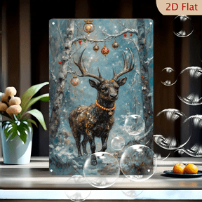 Winter Forest Stag with Amber Beads and Golden Bell, 8x12 Inch Christmas Metal Wall Art, Enchanted Snowy Scene with Glowing Ornaments, Impressionistic Holiday Decor for Home