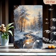 Winter Forest Stream Oil Painting, 8x12 Inches Metal Wall Art, Serene Snowy Landscape with Golden Sunset Glow, Evergreen Trees & Rippling Water, Rustic Border, Modern Home Decor for Living Room