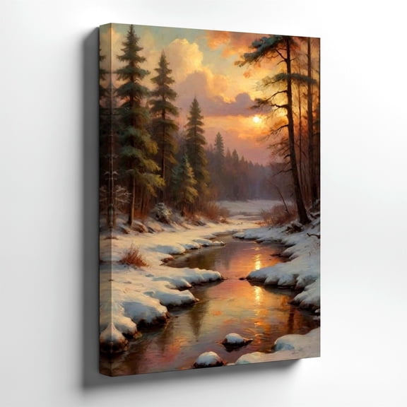 Winter Forest Stream Sunset Landscape Snowy Nature Rustic Wall Art Print, Office And Gallery Wall Decor