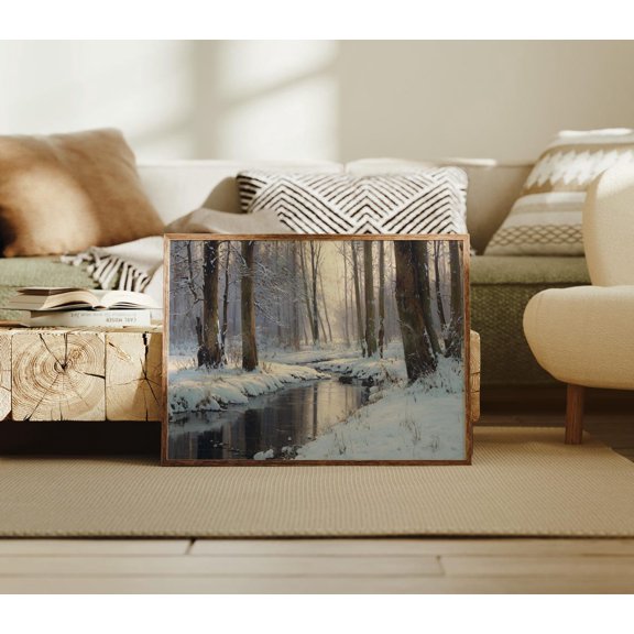 Winter Forest Stream Wall Art, Snowy Woodland Landscape, Rustic Cabin, Peaceful Nature Scene, Cozy Home Accent, Home And Living Room Decor