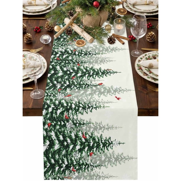 Winter Forest Table Runner 36 Inches Long, Snow Pine Tree Woodland Spruce Nordic Cardinal Bird Cotton Linen Dining Table Runner Dresser Scarves for Home Kitchen Party Decor 13"x36"