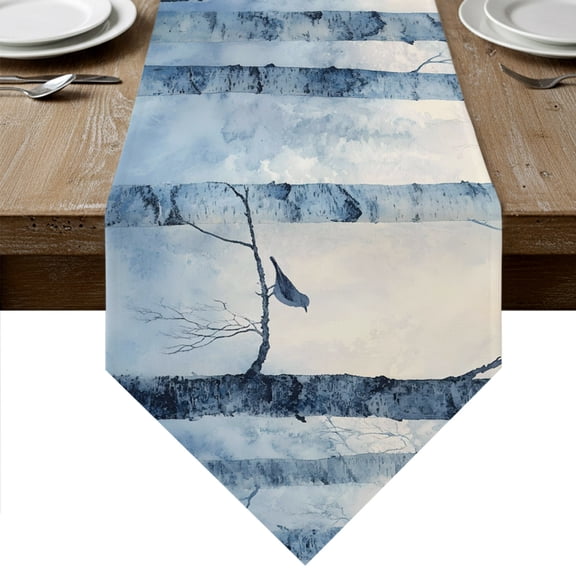 Winter Forest Table Runner Linen Burlap Table Runner 70 Inches Long Country Birch Tree Trunks Natural Scenery Dresser Scarves for Kitchen Island Coffee Dining Room Party Wedding Holiday Decor 13"x70"
