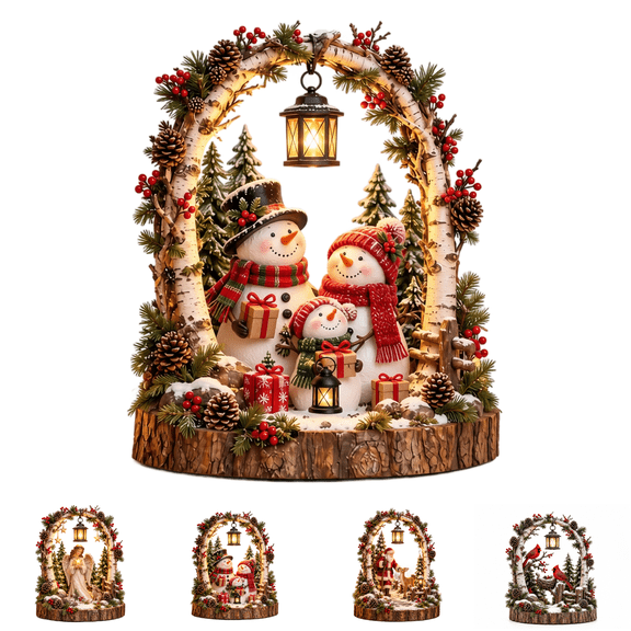 Winter Forest Tabletop Statue Birch Arch with Snowman Family Lighted Lantern Snow Pinecone Berry Christmas Home Decoration