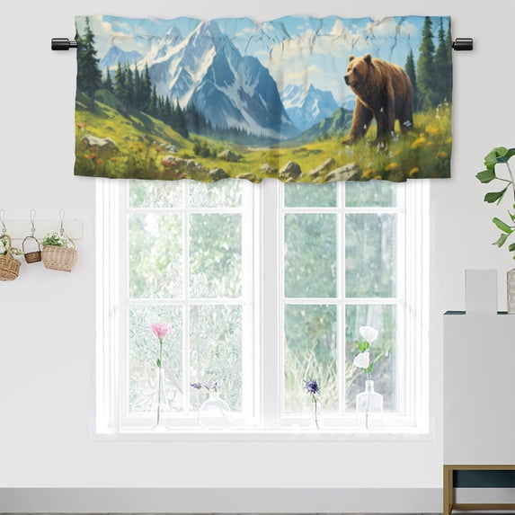 Winter Forest Valance Rod Pocket Window Curtain for Kitchen Bear Pine Tree Snowflake Lake Rustic Wild Nature Privacy Window Valances for Living Room Kitchen 54 by 18 in, 1 Panel