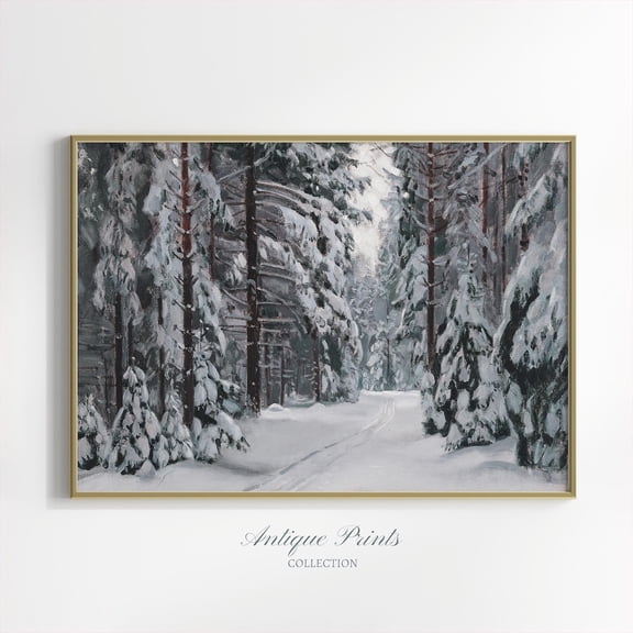 Winter Forest Wall Art Vintage, Antique Winter Farmhouse, Snowy Landscape Print, Festive Decor, Snow Country Poster,, Unframed Poster Size 8x12