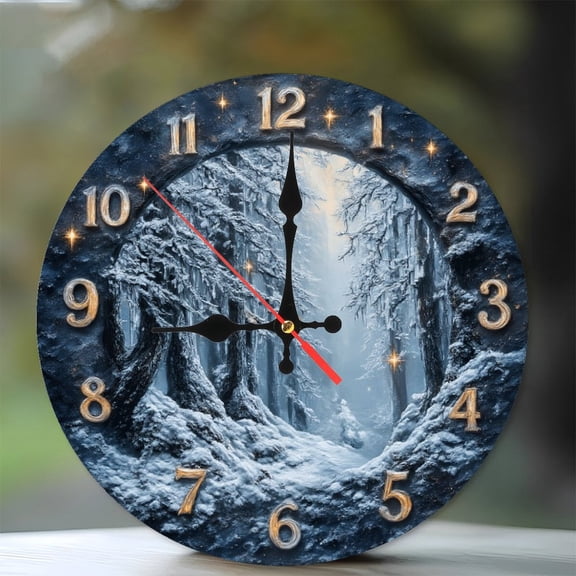 Winter Forest Wall Clock Snowy Trees Magic Scene 10-Inch Silent Wooden Wall Clock, Battery Operated (AA Batteries Not Included), Artistic Home Decor