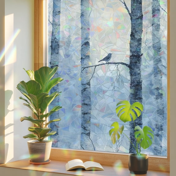 Winter Forest Window Privacy Film Rainbow Static Cling Stain Glass Window Film for Glass Door, Decorative Sunroof Decal Sticker for Car 29.5"x118" Country Birch Tree Trunks Natural Scenery