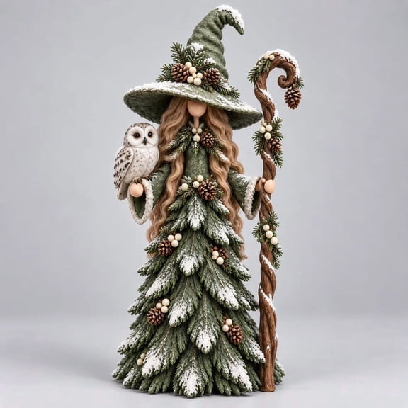 Winter Forest Witch Christmas Resin Figurine, Snowy Pine Witch Statue, Tabletop Mantel Holiday Decoration 1PC