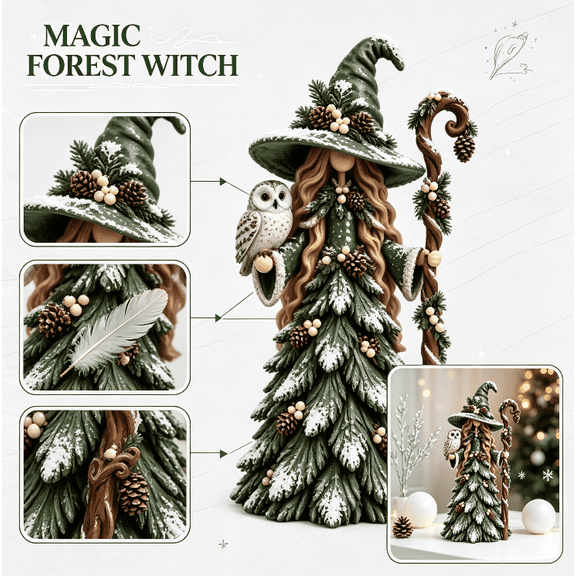 Winter Forest Witch Resin Tabletop Statue, Whimsical Christmas Guardian Figurine with Snowy Pinecones and Owl Accent, Mantel Indoor Holiday Decoration & Gift