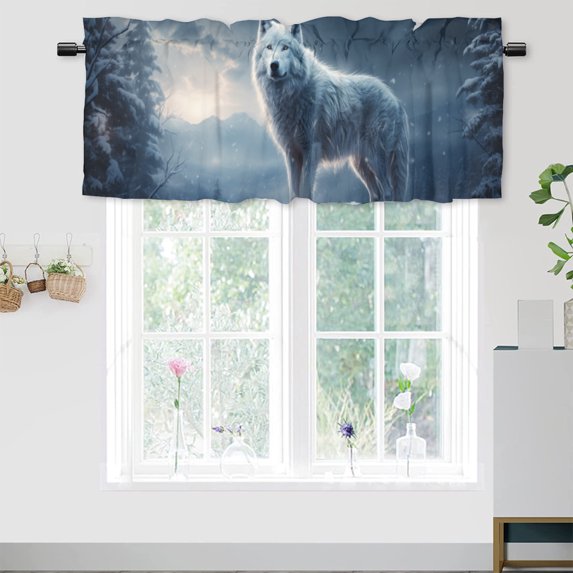 Winter Forest Wolf Valance Curtain for Kitchen Rustic Pine Tree Mountain Wild Animal Hunting Rod Pocket Valances for Bedroom Living Room Dining Room 54 by 18 in, 1 Panel