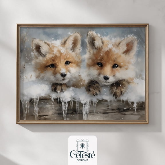 Winter Fox Cubs Print, Cottagecore Winter Decor #794 Warm Present Vintage UNFRAMED Poster Size 8x12