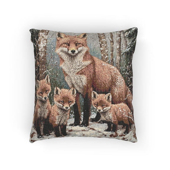 Winter Fox Family in Snow, Orange and Gray Decorative Woven Pillow, Cotton-Polyester Shell, Woodland Decor