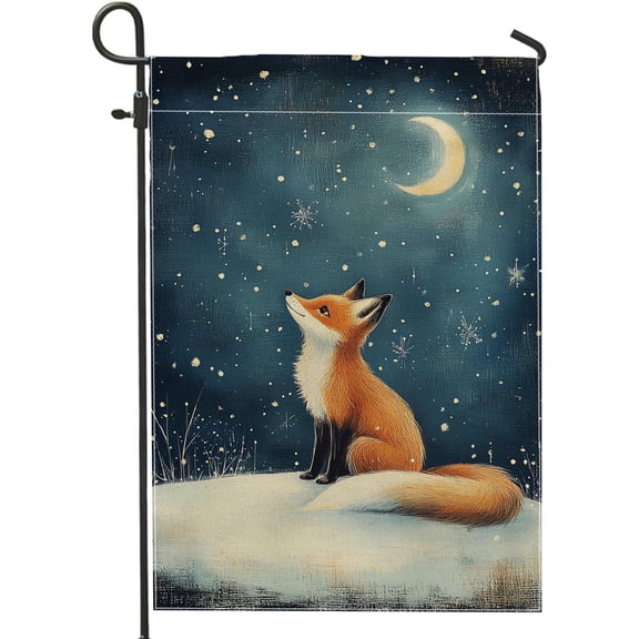 Winter Fox Garden Flag Double Sided Burlap Seasonal Lawn Decoration Snowy Night Holiday Yard Decor 12x18 Inch