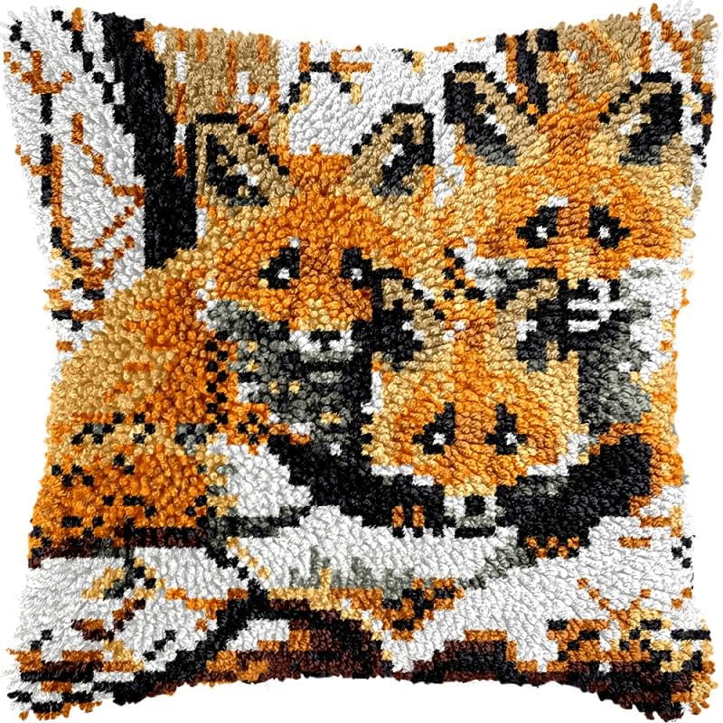 Winter Fox Latch Hook Pillow Kits Pillow Cover with Pattern Printed Canvas Crochet Cross Hooking Pillowcase Cushion Crafts Embroidery Latch Hooking Crochet Kits 17x17 inch(164)