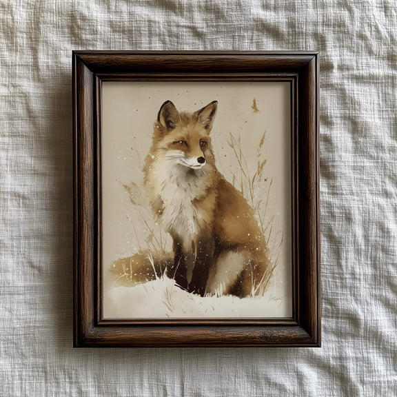 Winter Fox Poster, Vintage Woodland Animal Art, Neutral Cottage Decor, Farmhouse Wall Art,, Unframed Poster Size 8x12