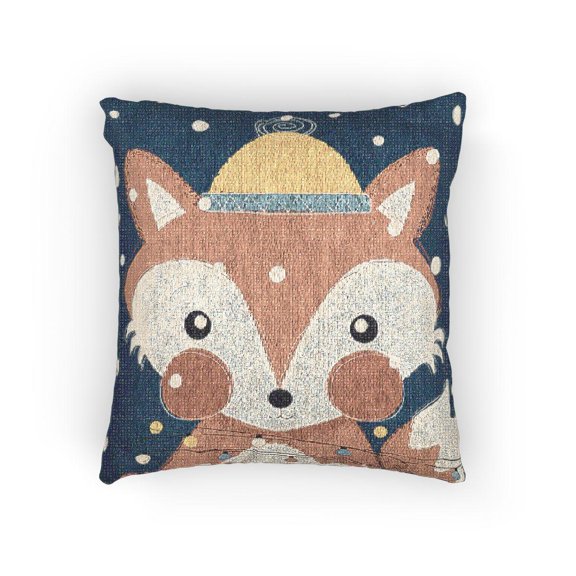 Winter Fox with Yellow Hat and String Lights, Navy and Orange Decorative Woven Pillow, Cotton-Polyester Shell