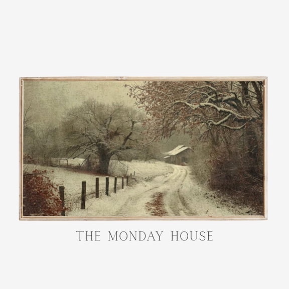 Winter Frame Art Country Snowy Christmas Cabin Landscape Moody Christmas Decor Wall Art Snowy Road