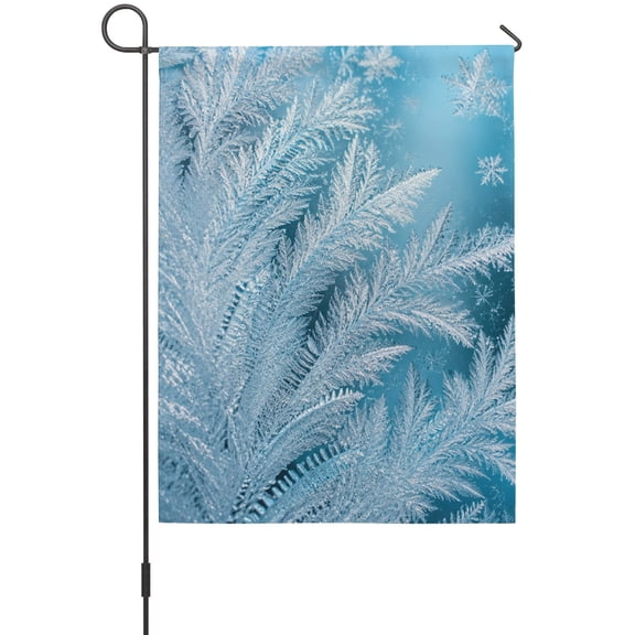 Winter Frost Garden Flag 12 x 18 Inches, Nature Cold Ice Frost Fern Ice Crystal Blue Ombre Weather Proof Outdoor Patio Flags Double Sided Small Garden Decoration for Yard Outside Home