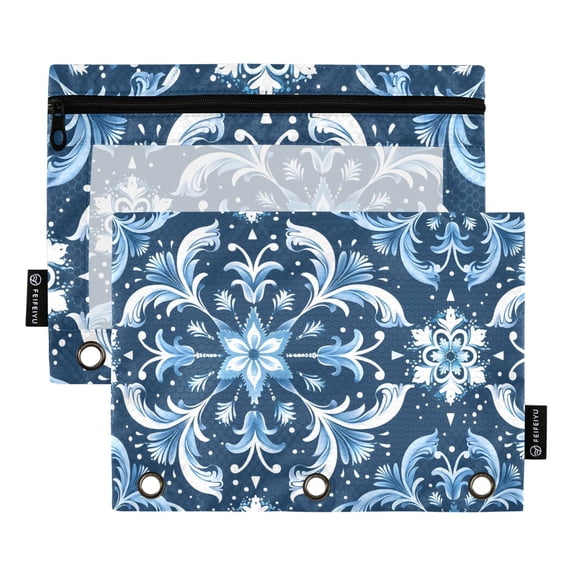 Winter Frost Ornament 2 Pack Pencil Pouch for 3 Ring Binder Smooth Zipper Folders with Pockets Clear Window Pencil Case