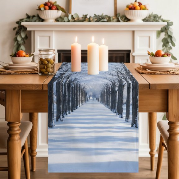 Winter Frosty Path Dining Table Runner, Snowy Trees Bare Branches Rustic Washable Table Runners Kitchen Coffee Table Center Decor for Home Party Holiday Wedding 13 x 36 Inches