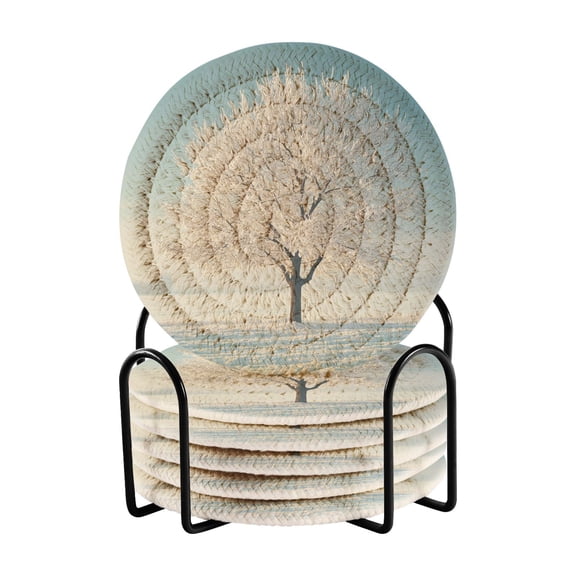 Winter Frosty Snow Tree Drinking Coasters Cup Mat with Holder for Kitchen Cafe Bar 6 Packs