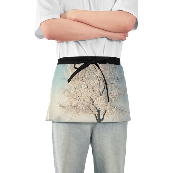 Winter Frosty Snow Tree Short Server Apron with 3 Pockets for Unisex Chef Gardening