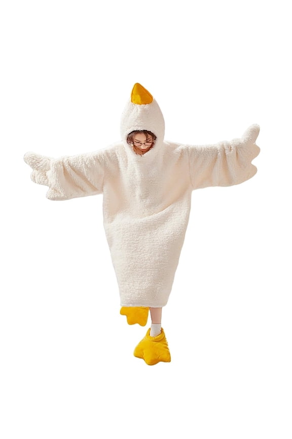 Winter Funny Blanket Hoodie Onesie - Oversized Fleece Wearable with Sleeves & Feet Slippers, Goose Design, Couples Sleep Robe