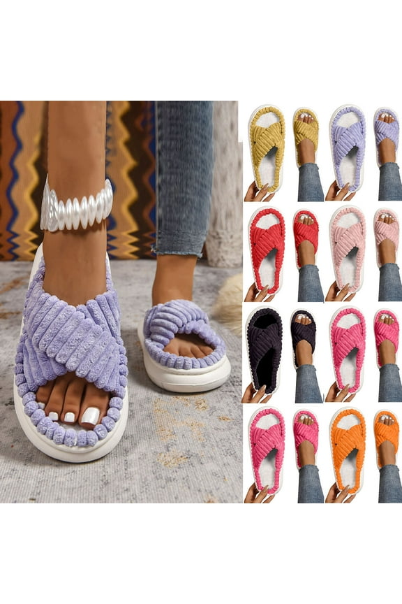 Winter Furry Strap Slippers for Women Soft Plush Indoor Flat Footwear Casual Home Comfort Open Toe Cozy Slip-ons