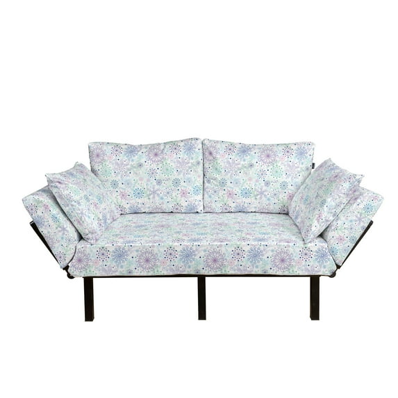 Winter Futon Couch, Pastel Colored Cheerful Composition Abstract Snowflakes and Curls, Daybed with Metal Frame Upholstered Sofa for Living Dorm, Loveseat, Blue Green Lavender, by Ambesonne