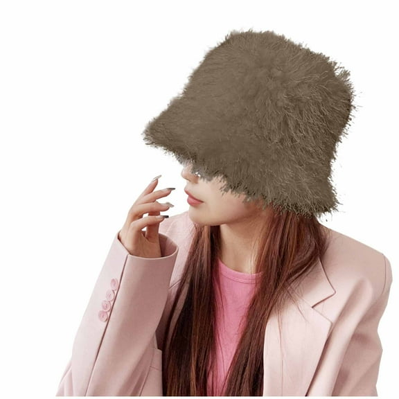 Winter Fuzzy Bucket Hats for Women Warm Furry Faux Fur Hat Fluffy Fisherman Cap