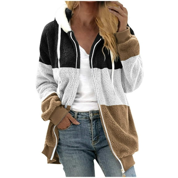 Winter Fuzzy Coats for Women, Fleece Hooded Jackets, Color Block Zip up Cardigan Coat Outerwear Warm Clothing with Pockets Cute Winter Coat Khaki L
