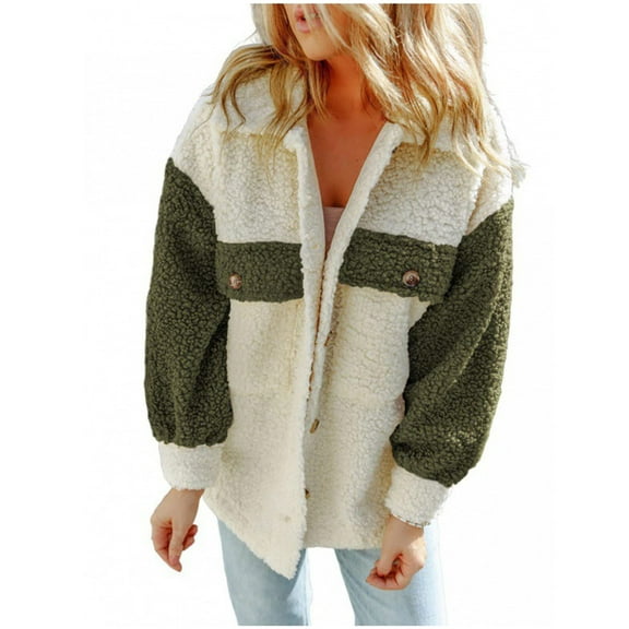 Winter Fuzzy Fleece Jacket for Women Color Block Patchwork Lapel Cardigan Coats Sherpa Warm Button Outerwear with Pockets