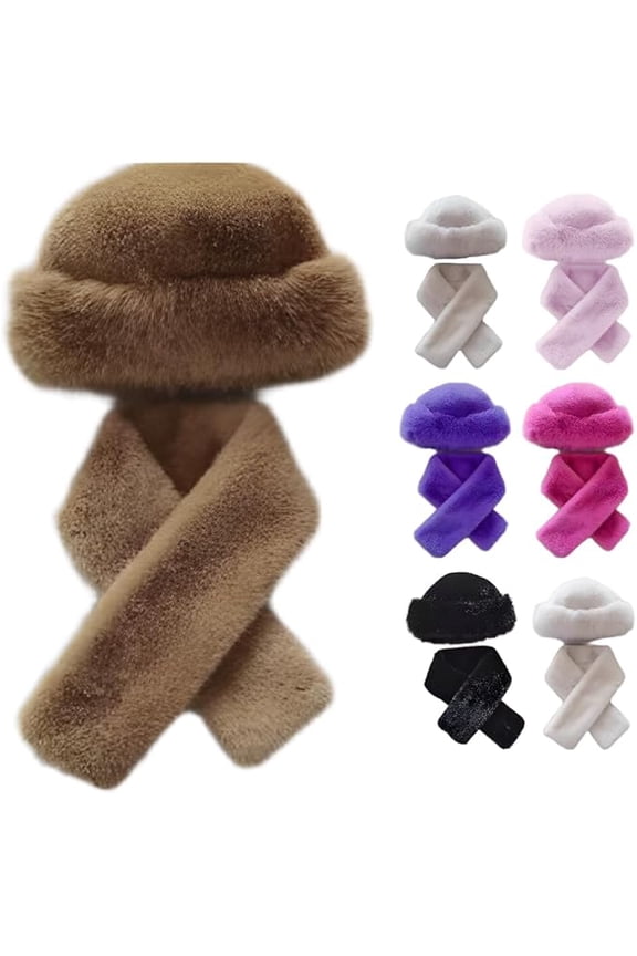 Winter Fuzzy Hat and Scarf Set for Women, Faux Fur Collar Wrap Scarf Plush Warm Beanies Cap for Cold Weather
